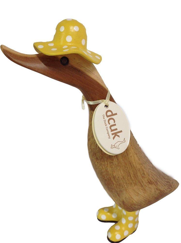 Wooden duck with spotty wellies and hat