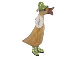 Wooden duck with spotty wellies and hat open beak