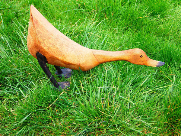 Decorative Ornaments & Figures - Wooden Duck Feeding From Bamboo Root