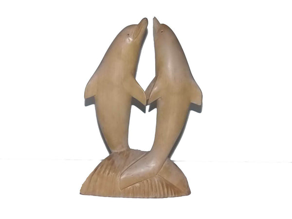 Pair Of Dolphins Standing On Rock Wood Carving